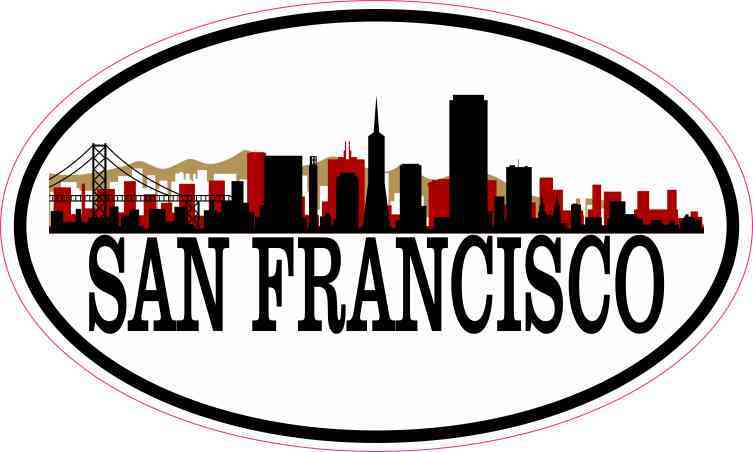 5in x 3in Red and Gold Oval San Francisco Skyline Sticker